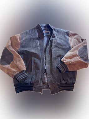 VTG Varsity Princeton Suede Bomber Jacket Letterman Brown 90s Pockets *FLAW*